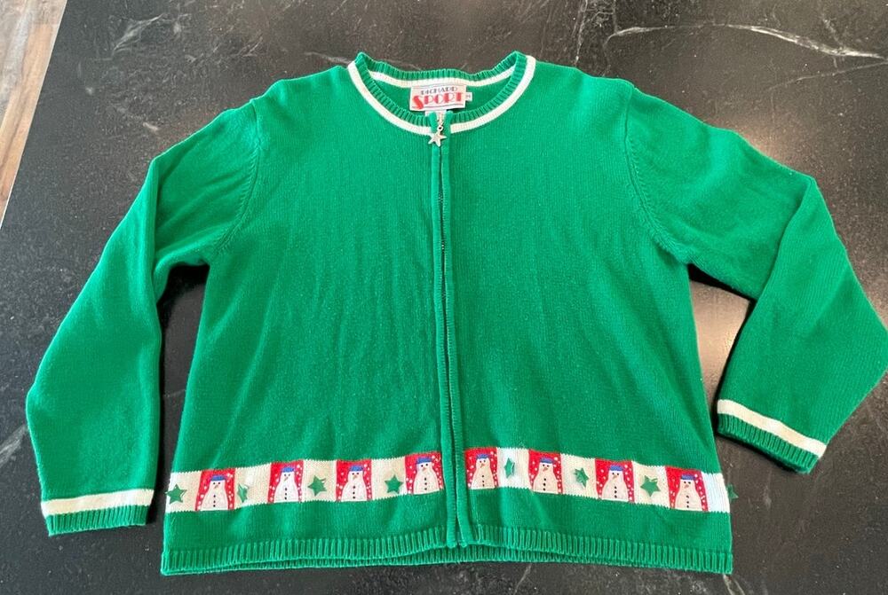 RICHARD Sport Vintage Green snowman zip cardigan Med 100% Cotton